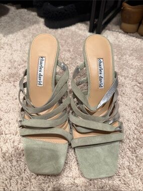 Charles David Sage Green Strappy Suede Mules with Silver Accent